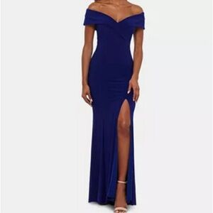 Xscape Blue Off Shoulder Slit Gown